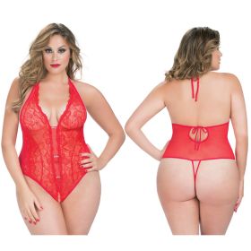 Crotchless Lace Teddy With Rhinestone Detail - Queen Size - Red