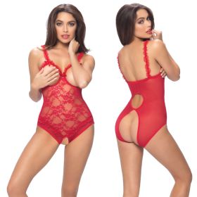 Lace Open Cup Crotchless Teddy - One Size - Red